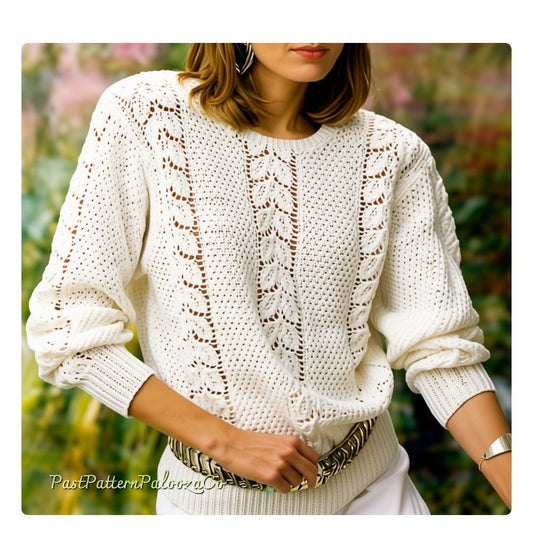 Vintage Knitting Pattern Womens Leaf Motif Sweater Seed Stitch Openwork Cables PDF Instant Digital Download Long Sleeved Jumper 5 Ply Cotton
