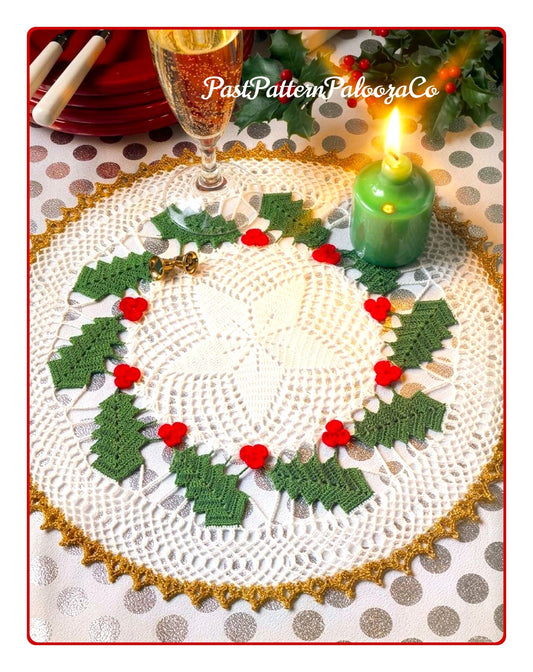Vintage Crochet Pattern 13" Christmas Holly Doily Mat PDF Instant Digital Download Leaves Berries Motifs Holiday Table Decor Centerpiece
