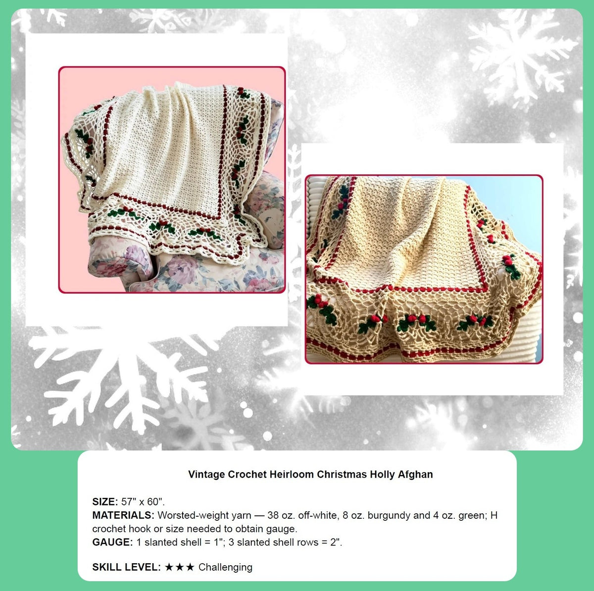 Vintage Crochet Pattern Heirloom Christmas Holly Afghan PDF Instant Digital Download Retro Holiday Blanket