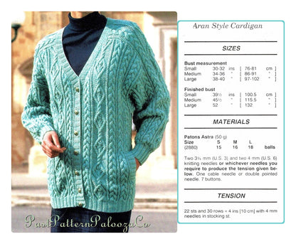 Vintage Knitting Pattern Womens Aran Style Cardigan V Neck Sweater PDF Instant Digital Download Diamonds and Cables 5 Ply