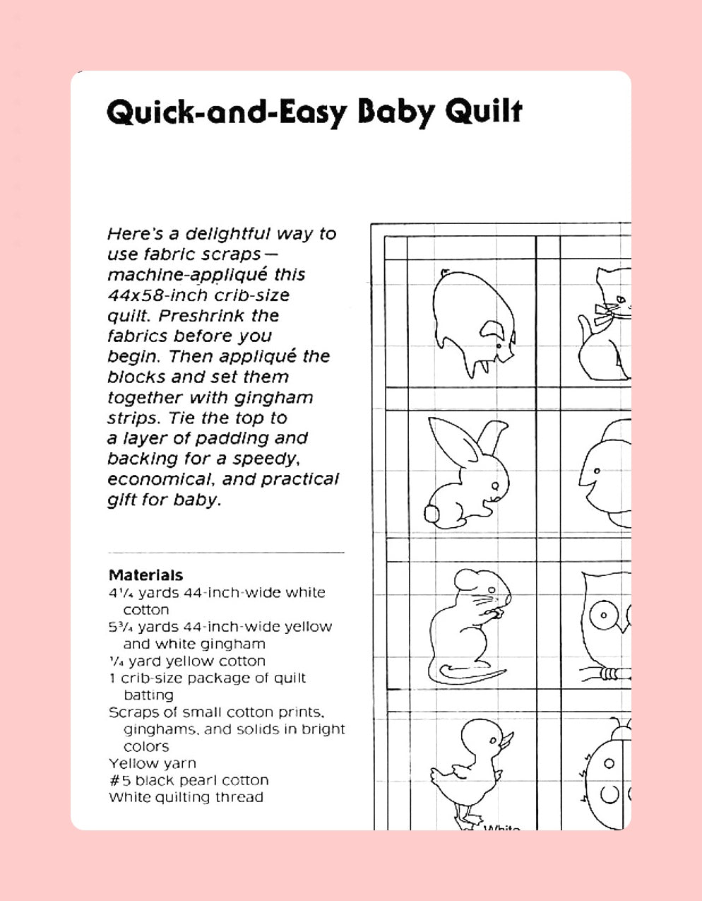 Vintage Sewing Pattern Gingham Animals Baby Quilt Quick and Easy Quilted Applique Crib Blanket PDF Instant Digital Download Patchwork Blocks
