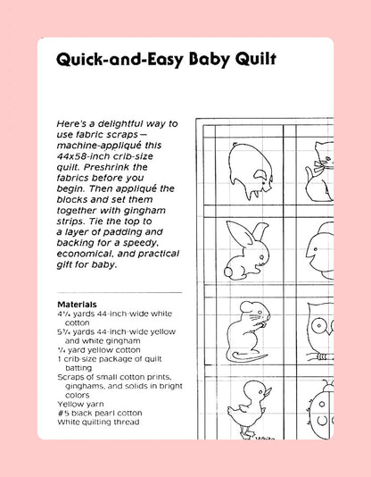 Vintage Sewing Pattern Gingham Animals Baby Quilt Quick and Easy Quilted Applique Crib Blanket PDF Instant Digital Download Patchwork Blocks