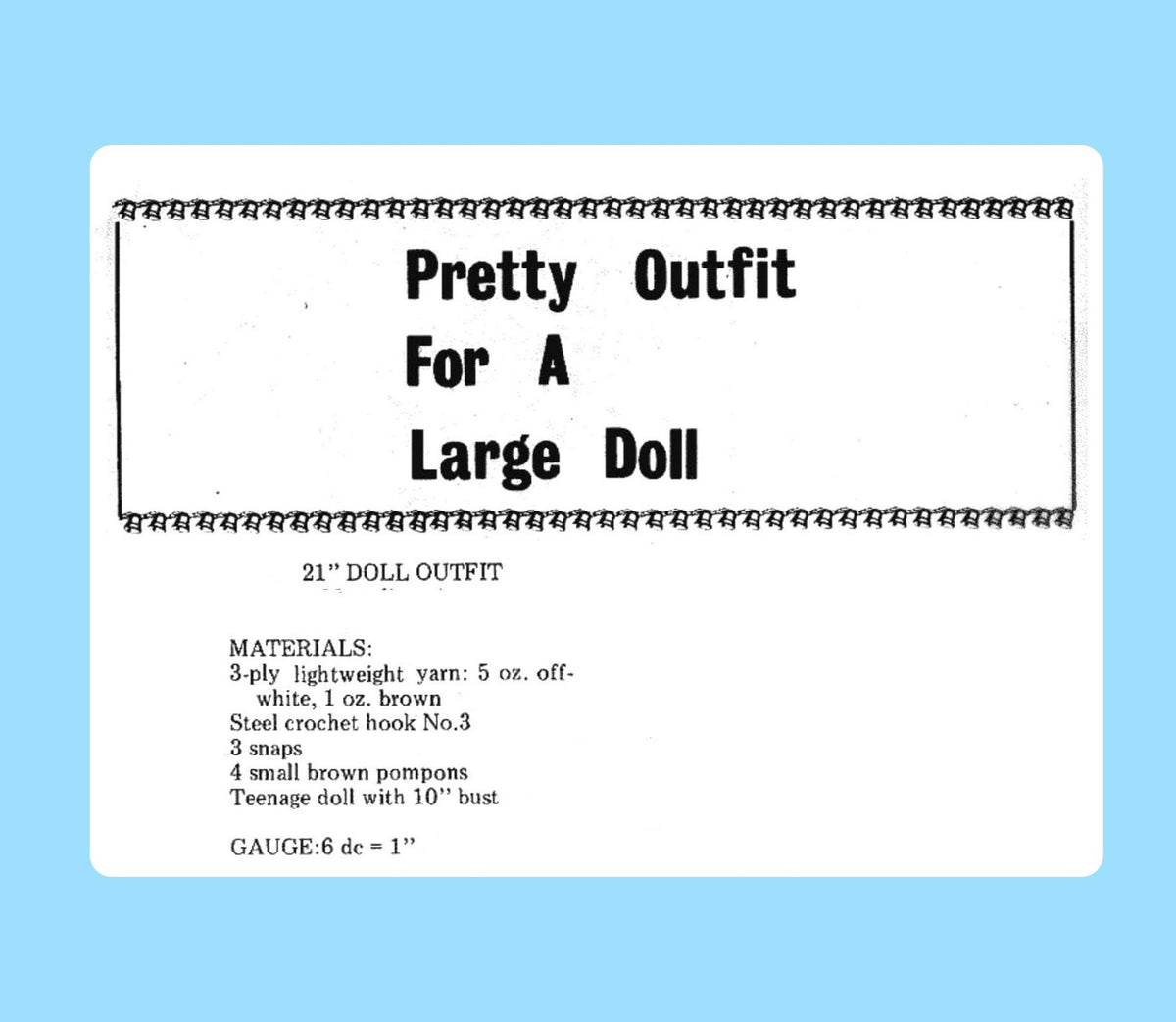 Vintage Crochet Pattern Large 21" Doll Outfit PDF Instant Digital Download Pretty Dress Cape Cap Hat Set 3 Ply