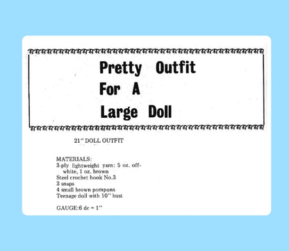 Vintage Crochet Pattern Large 21" Doll Outfit PDF Instant Digital Download Pretty Dress Cape Cap Hat Set 3 Ply
