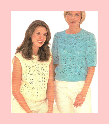 Vintage Knitting Pattern Womens Lacy Eyelet Summer Tops PDF Instant Digital Download 2 Short Sleeved Terry Look Designs DK
