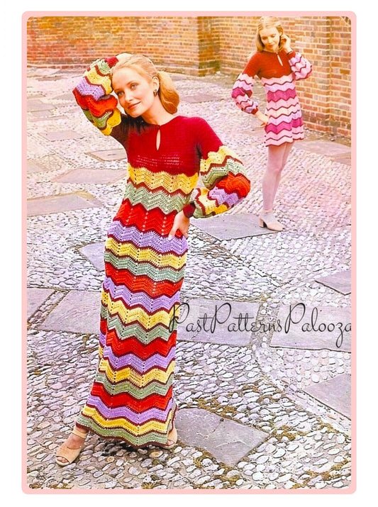 Vintage Crochet Pattern Womens Zig-Zag Chevron Stripe Long Maxi or Short Mini Dress PDF Instant Digital Download Hippie Gypsy Chic 5 Ply DK