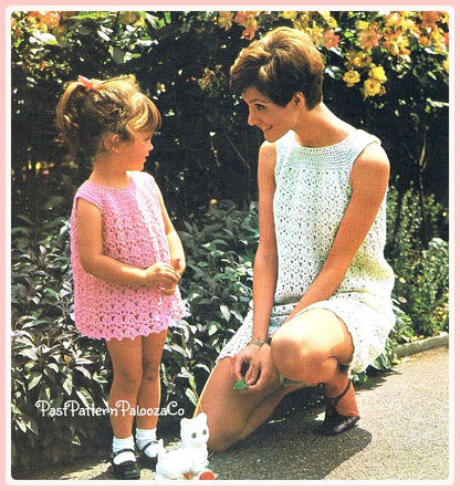 Vintage Crochet Pattern Mother and Daughter Lacy Yoke Summer Sun Dress PDF Instant Digital Download Groovy Boho Sleeveless Shift 2T - Adult