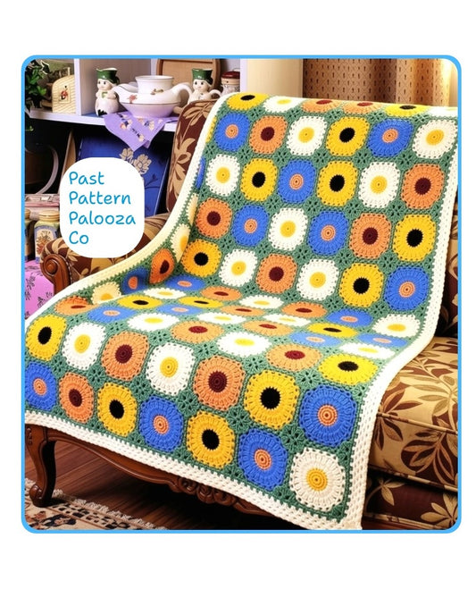 Vintage Crochet Pattern Sunny Sunflowers Afghan PDF Instant Digital Download Colorful Sunflower Motif Blanket 47x62 10 Ply