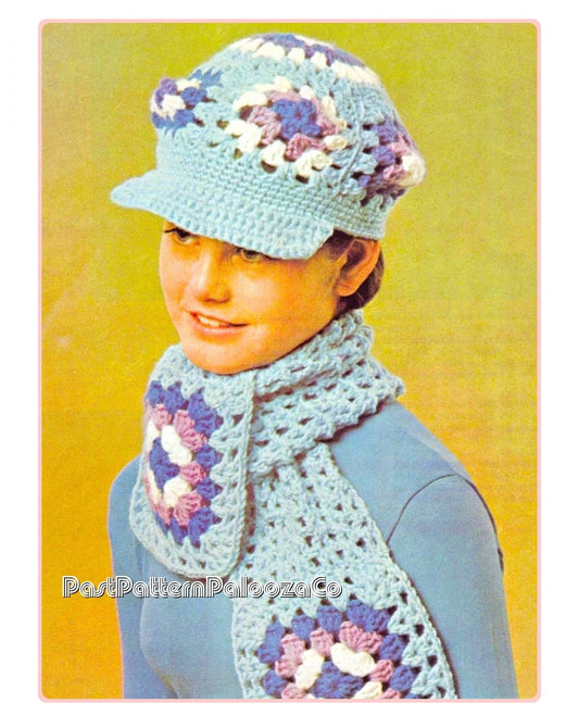 Vintage Crochet Pattern Slouchy Pageboy or Beret Hat and Scarf Set Groovy Granny Squares '70s PDF Instant Digital Download One Size 10 Ply