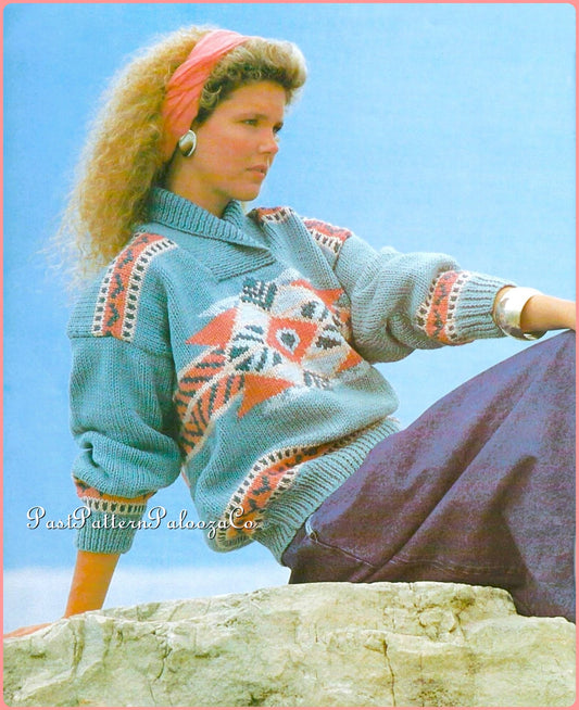 Vintage Knitting Pattern Womens Santa Fe Shawl Collar Sweater PDF Instant Digital Download Geometric South Western Pullover Classic 80s