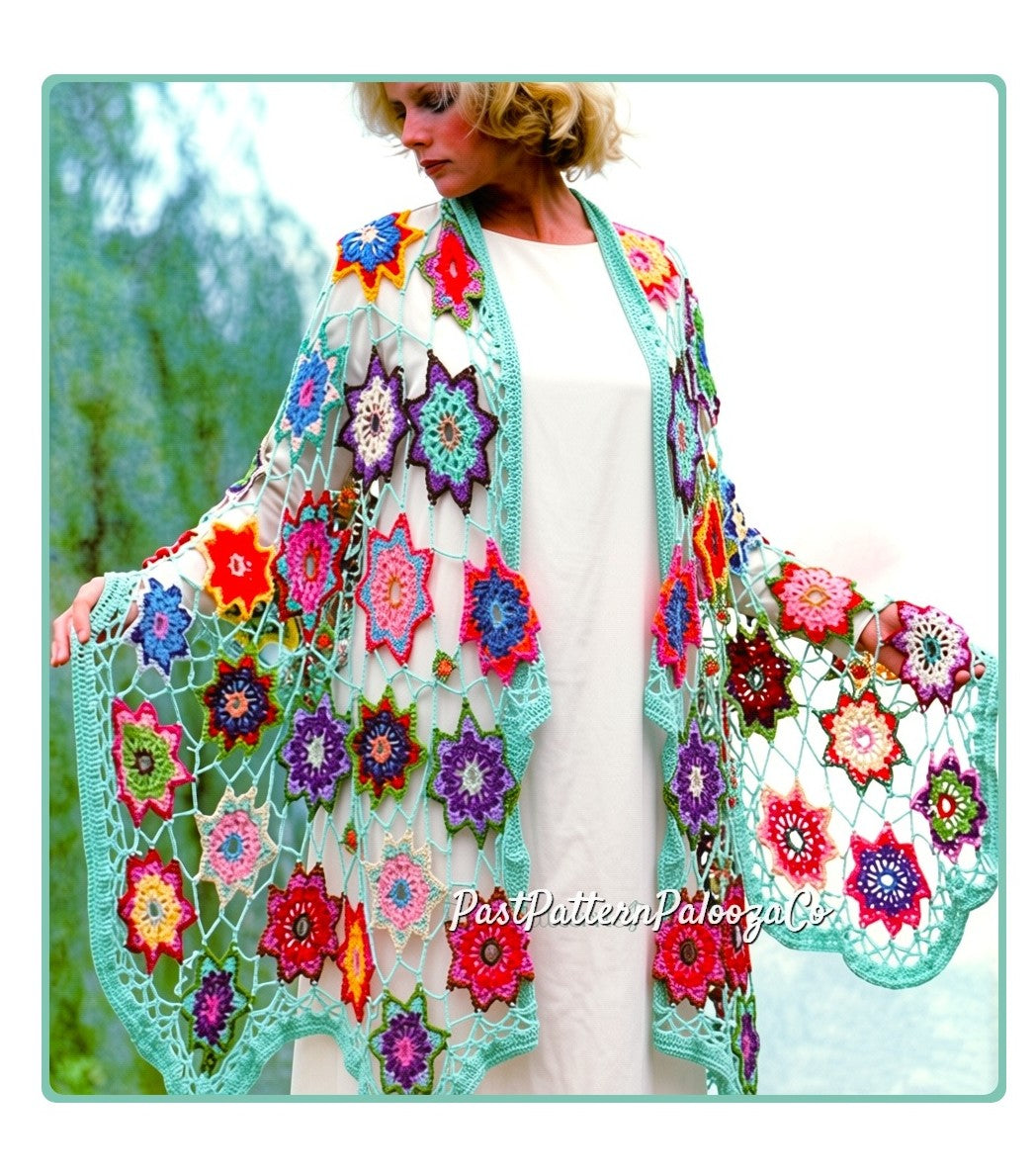 Vintage Crochet Pattern Womens Lacy Star Flower Garden Shawl Motif Design PDF Instant Digital Download Retro 70s Boho Gypsy Hippie Wear