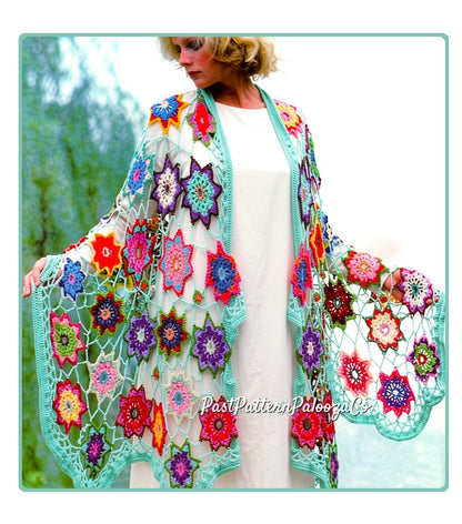 Vintage Crochet Pattern Womens Lacy Star Flower Garden Shawl Motif Design PDF Instant Digital Download Retro 70s Boho Gypsy Hippie Wear