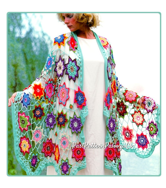Vintage Crochet Pattern Womens Lacy Star Flower Garden Shawl Motif Design PDF Instant Digital Download Retro 70s Boho Gypsy Hippie Wear