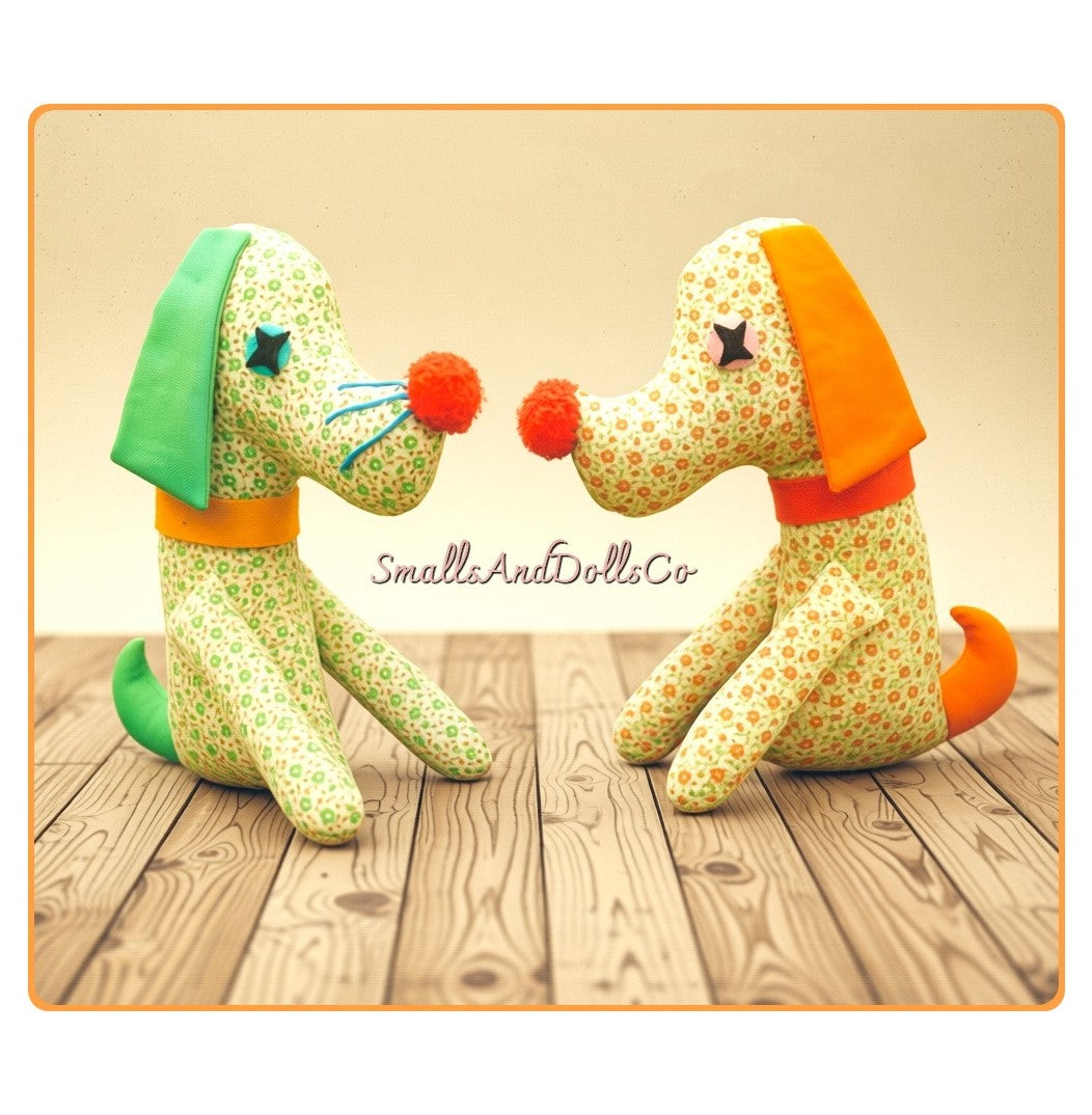Vintage Sewing Pattern 9" Cotton Print Puppy Dog Soft Fabric Toy PDF Instant Digital Download Sewn Retro Kawaii Boy and Girl Dog Stuffed Animals