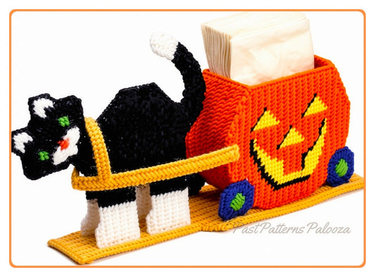 Vintage Plastic Canvas Pattern Black Cat Pumpkin Wagon Napkin Holder Centerpiece PDF Instant Digital Download Halloween Party Table Decor
