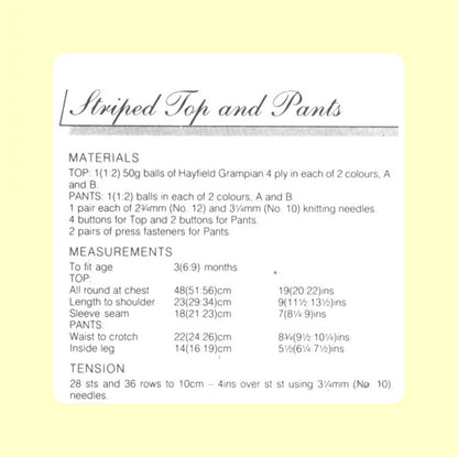 Vintage Knitting Pattern Baby Classic Striped Top Pants Beret Hat Set PDF Instant Digital Download 3m 6m 9m 4 Ply