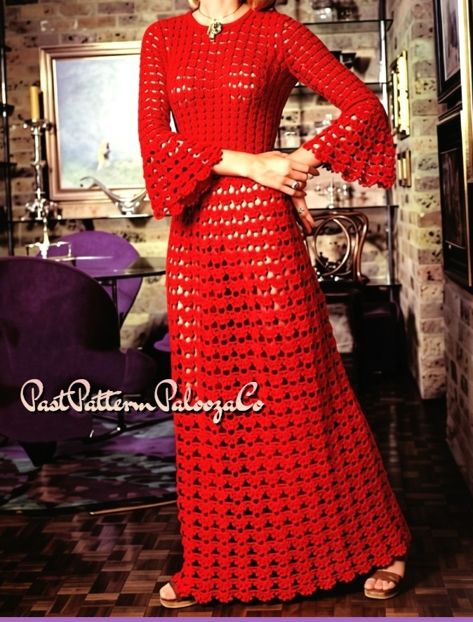 Vintage Crochet Pattern Womens Lacy Romantic Gala Maxi Dress PDF Instant Digital Download Long Elegant Party or Wedding Gown Bell Sleeves