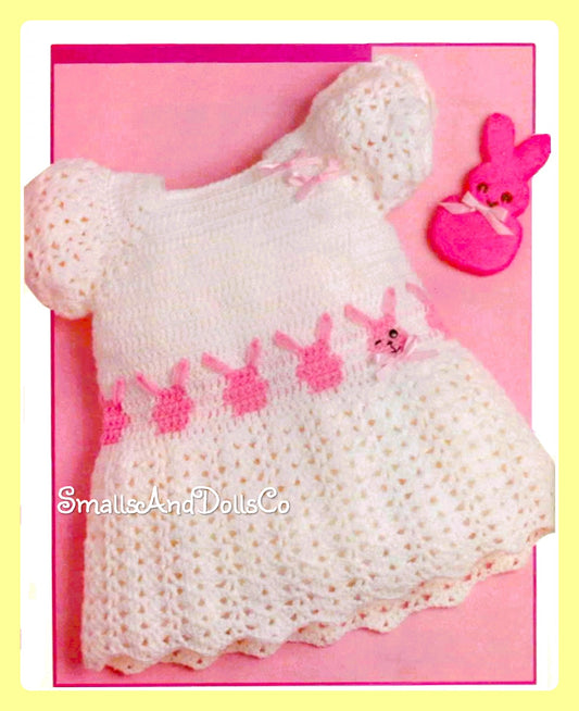 Vintage Crochet Pattern Baby Toddler Girl Marshmallow Bunny Easter Dress PDF Instant Digital Download Cute Bunnies 12m 1 Year