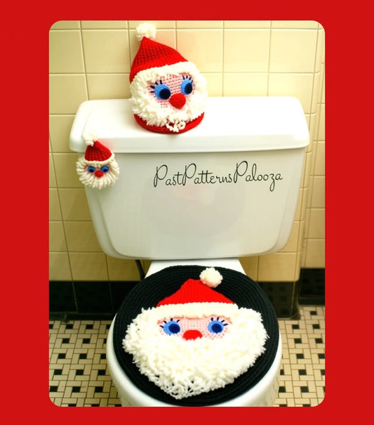 Vintage Crochet Pattern Christmas Bathroom Santa Claus Set Toilet Seat Lid Tissue Topper Doorknob Cover PDF Instant Digital Download