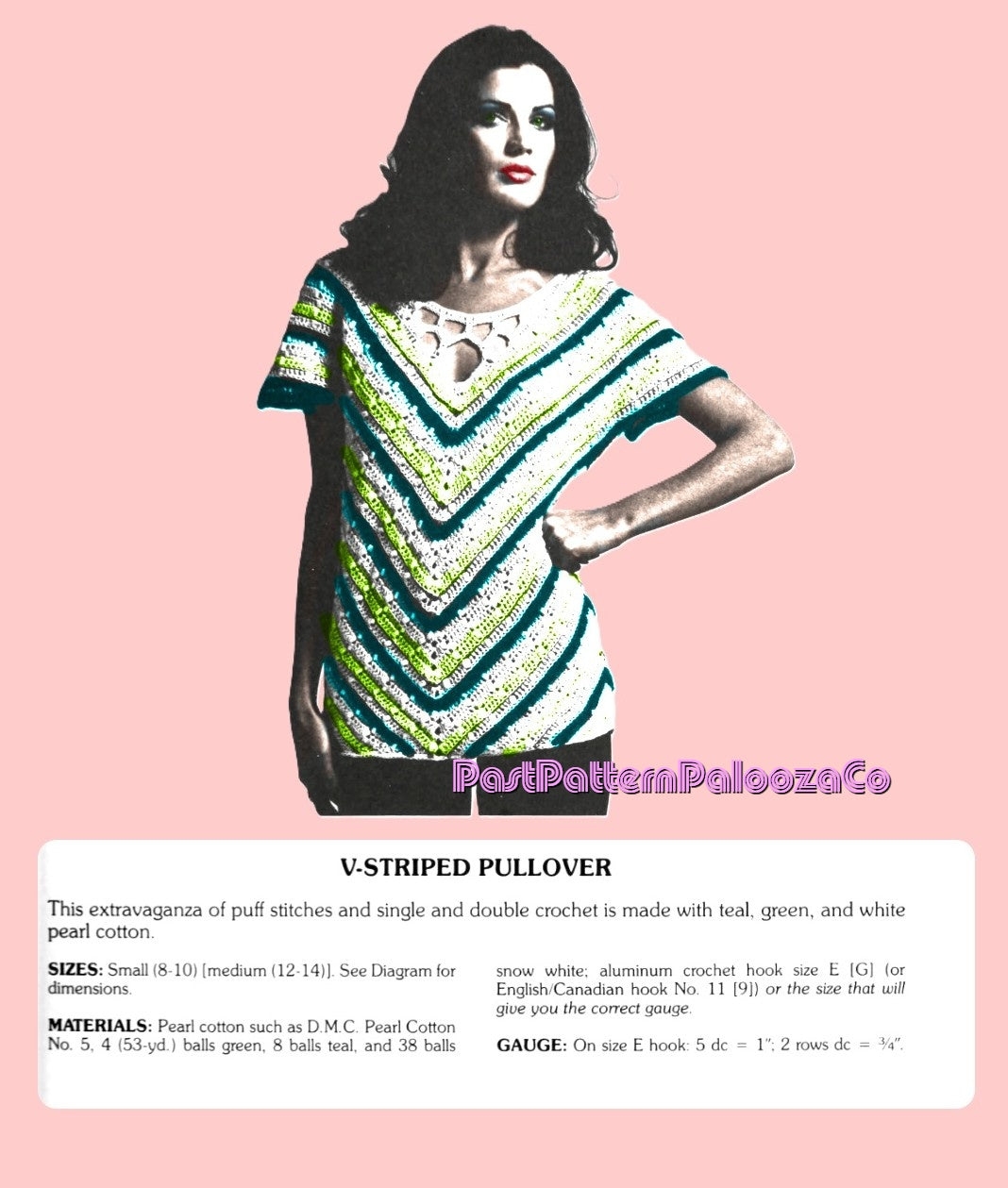 Vintage Crochet Pattern Womens Chevron V-Striped Cotton Top Short Sleeves PDF Instant Digital Download Retro '70s Keyhole Neck Puff Stitch