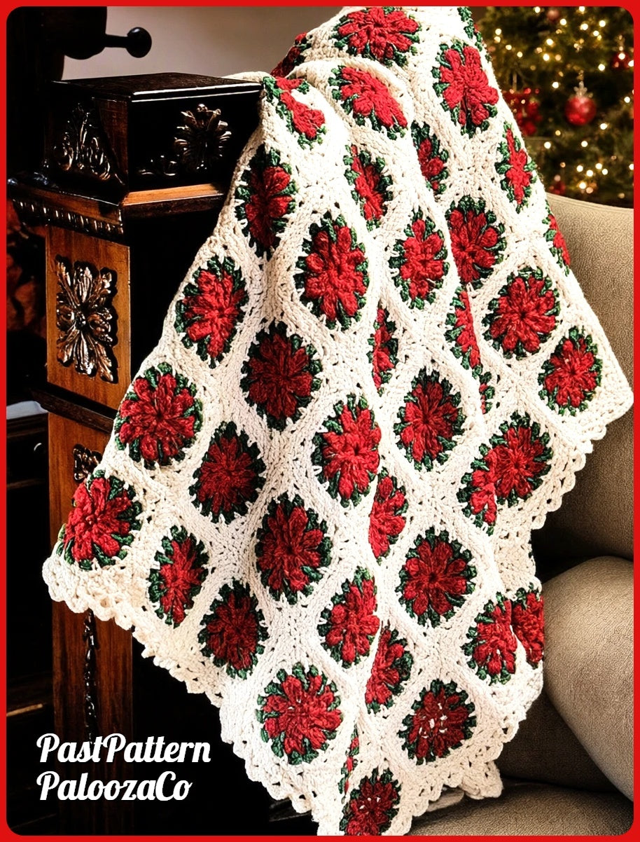Vintage Crochet Pattern Christmas Poinsettia Flower Afghan Granny Squares PDF Instant Digital Download Holiday Throw Blanket 4 Ply