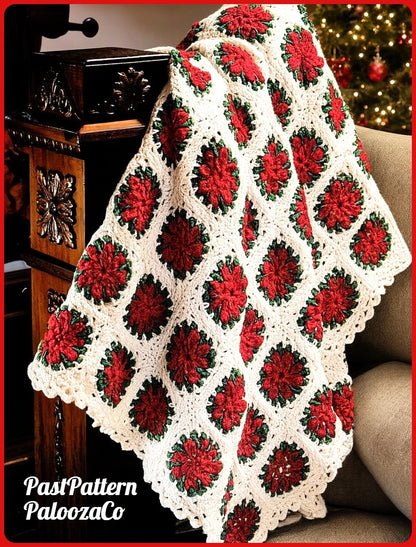 Vintage Crochet Pattern Christmas Poinsettia Flower Afghan Granny Squares PDF Instant Digital Download Holiday Throw Blanket 4 Ply