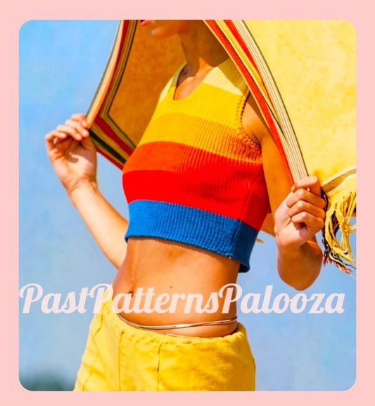 Vintage Knitting Pattern Womens Rainbow Midriff Top PDF Instant Digital Download Retro Beach Summer Short Tank Hippie Boho Wear 1977 10 Ply