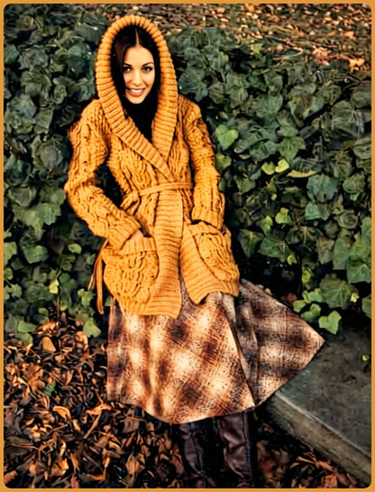 Vintage Knitting Pattern Womens Hooded Cable Cardigan Sweater Jacket PDF Instant Digital Download Oversize Hood Belted Cardi 1970s 12 Ply