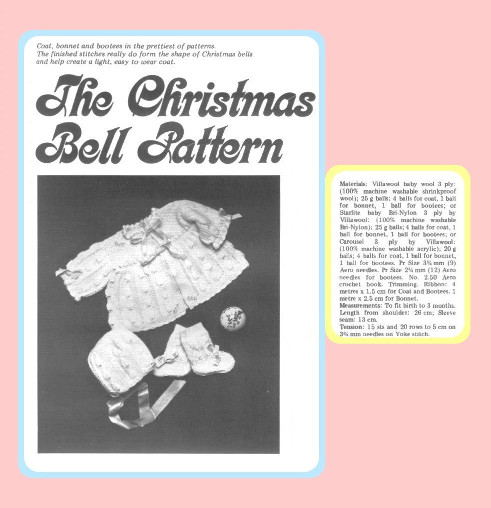 Vintage Knitting Pattern Baby Christmas Bells 3 Piece Set PDF Instant Digital Download Holiday Coat Bonnet Booties 0-3 m
