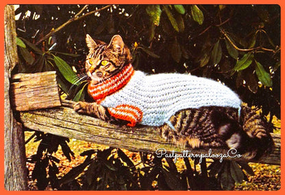Vintage Knitting Pattern Sporty Knit Turtleneck Cat Sweater PDF Instant Download Small Striped Sleeves and Collar 10 Ply Mohair Blend