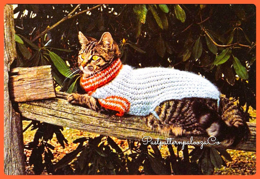 Vintage Knitting Pattern Sporty Knit Turtleneck Cat Sweater PDF Instant Download Small Striped Sleeves and Collar 10 Ply Mohair Blend