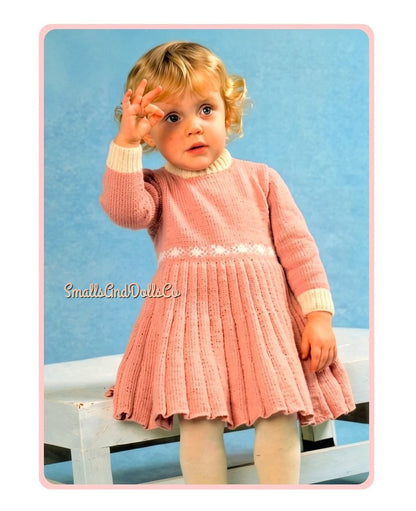 Vintage Knitting Pattern Toddler to Little Girl Classic Pleated Dress PDF Instant Digital Download Long Sleeves Pleated 18m- 7 yrs DK