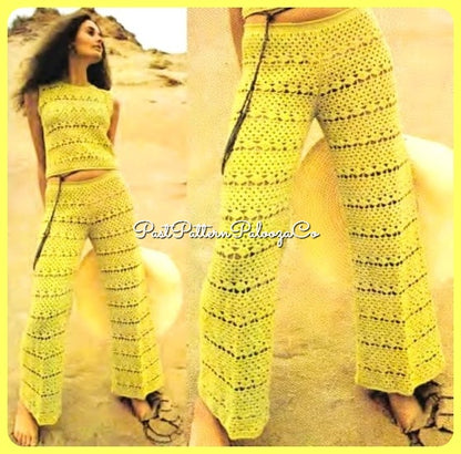 Vintage Crochet Pattern Groovy Lace Trouser Suit Patio Set Pantsuit PDF Instant Digital Download 70s Boho Shells Pants Summer Top Outfit