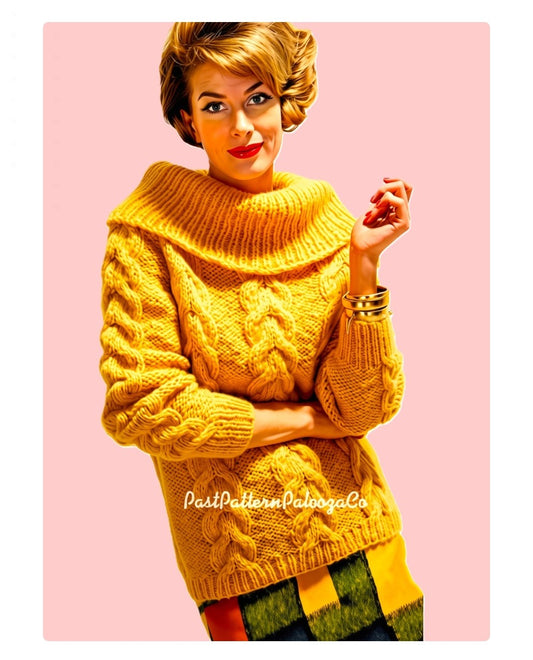 Vintage Knitting Pattern Womens Chunky Cable Knit Sweater PDF Instant Digital Download Retro Groovy Mod Boho Chic Cowl Neck Jumper 12 Ply