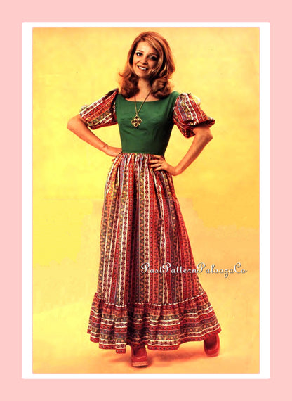 Vintage Sewing Pattern Womens Gypsy Prairie Peasant Maxi Dress Retro 70s PDF Instant Digital Download Groovy Long or Short Feminine Frock