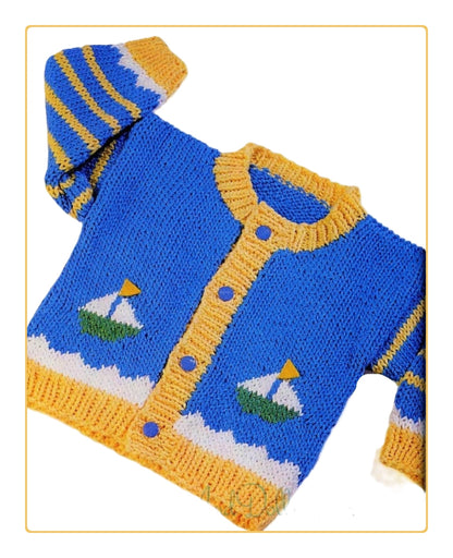 Vintage Knitting Pattern Baby Boy Knit Sailboat Motif Cardigan Sweater PDF Instant Digital Download Nautical Boats 0-24 m 10 Ply