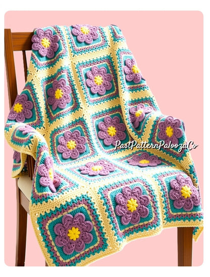Vintage Crochet Pattern Lavender Flower Patch Afghan PDF Instant Digital Download Retro Floral Granny Square Violets Blanket 50x70 10 Ply