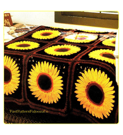 Vintage Crochet Giant Sunflower Grannies Afghan Pattern PDF Instant Digital Download Beautiful Sun Flower Garden Blanket 10 Ply