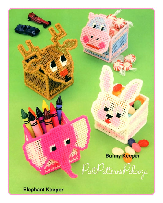 Vintage Plastic Canvas Pattern Mini Christmas Reindeer Boxes Animal Treat Holder Favor Baskets PDF Instant Digital Download 4 Designs