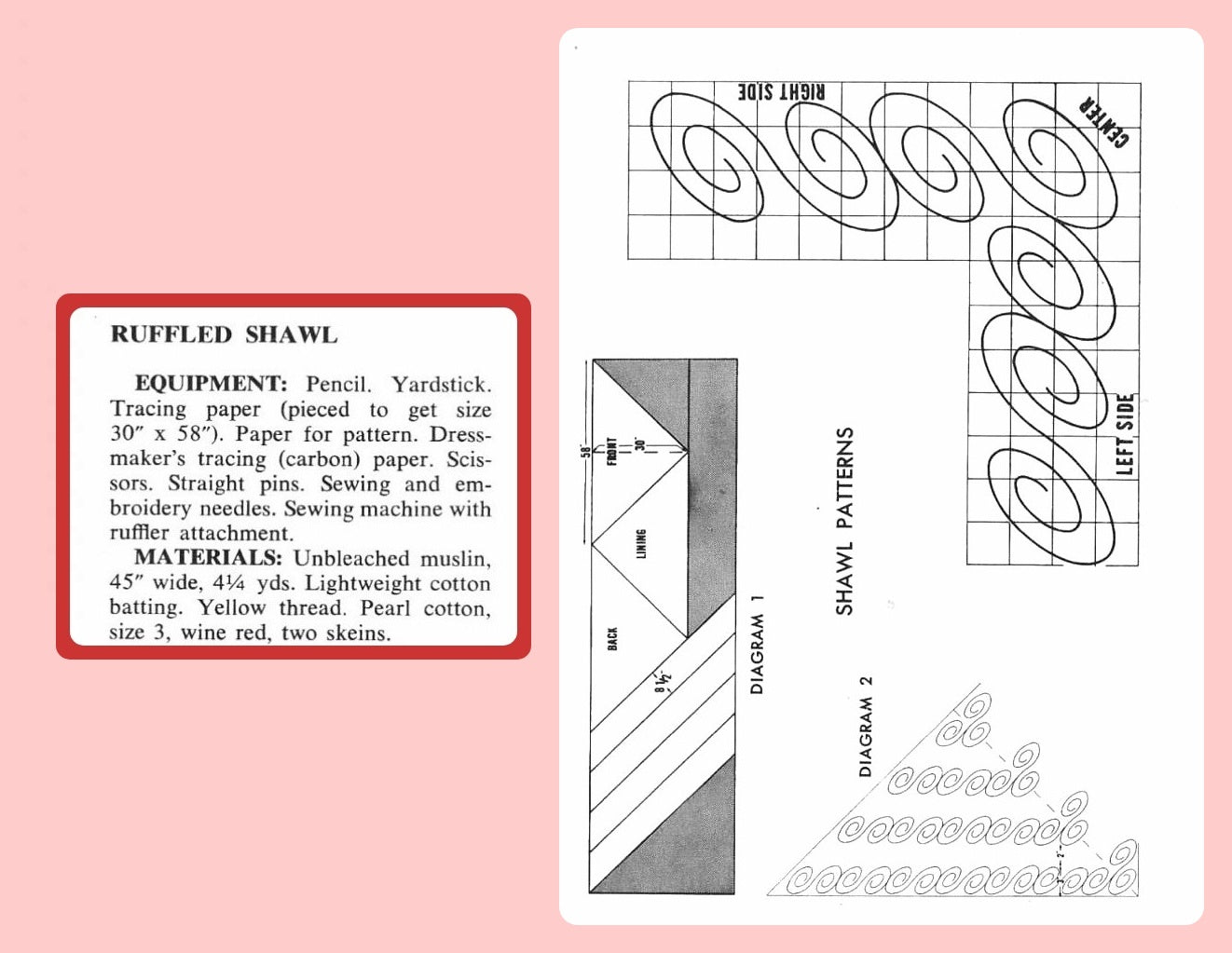 Vintage Sewing Pattern Womens Romantic Quilted Ruffled Shawl PDF Instant Digital Download Retro 70s Flirty Swirl Motifs Triangular Wrap
