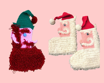 Vintage Crochet Pattern 14" Loopy Santa and Elf Faces Christmas Stockings and Tote Bags PDF Instant Digital Download 10 Ply