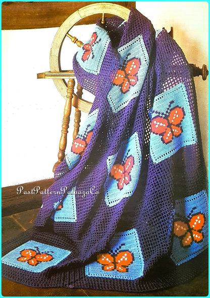 Vintage Crochet Pattern Retro Butterfly Squares Afghan PDF Instant Digital Download Net Filet Throw Butterflies Blanket 49x66 5 Ply