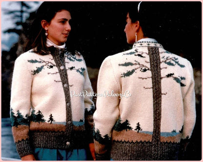 Vintage Knitting Pattern Womens Spruce Tree Island Picture Cardigan Sweater PDF Instant Digital Download Pretty Northern Woodsy Jumper