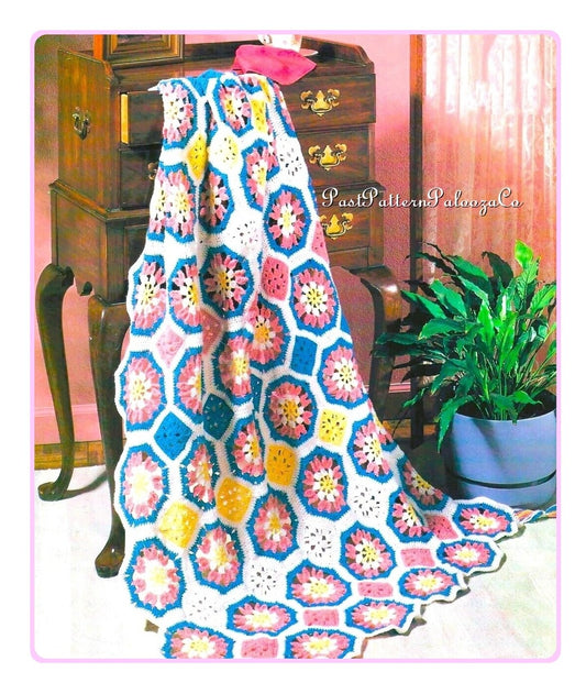 Vintage Crochet Pattern Octagon Grannies Flower Patch Afghan PDF Instant Digital Download Blanket Throw Puff Stitch Petals 10 Ply