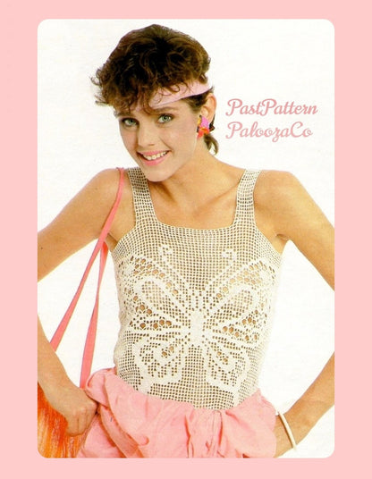 Vintage Crochet Pattern Filet Lace Camisole Top Retro Lacy Cotton Butterfly Cami PDF Instant Digital Download 80s Glam Girl