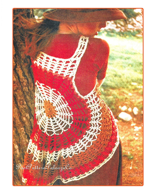 Vintage Crochet Pattern Retro Womens Groovy Circular CobWeb Vest PDF Instant Digital Download 1970s Boho Hippie Chic Waistcoat 4 Ply