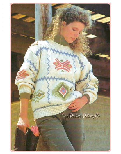 Vintage Knitting Pattern Womens Santa Fe Motif Pullover Sweater PDF Instant Digital Download Geometric Southwestern Style Jumper 10 Ply