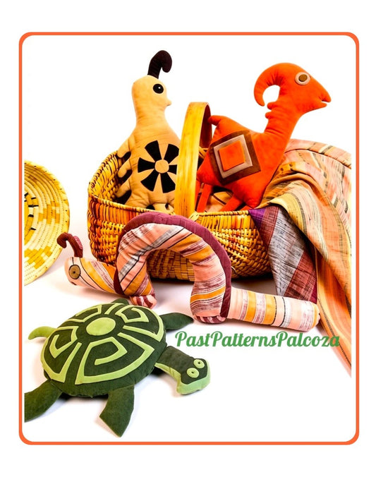 Vintage Sewing Pattern 15" Fun Aztec Animal Soft Pillow Toys Turtle Inchworm Antelope Quail Retro Mod Applique PDF Instant Digital Download