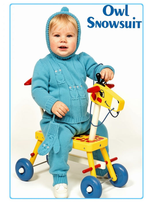 Vintage Knitting Pattern Knit Baby Toddler Owl Snowsuit Playsuit Hooded Sweater Top Pants Set PDF Instant Digital Download 1-3 yrs 5 Ply