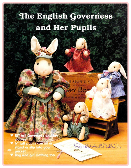 Vintage Sewing Pattern 15" Victorian English Governess Bunny and Her Pupils Bunnies Soft Sculpture Toy Dolls PDF Instant Digital Download